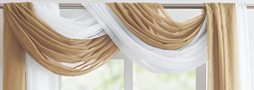 Warm Home Designs Double Window Scarves Bundle. Each White & Caramel Gold Window Scarf Valance is 55