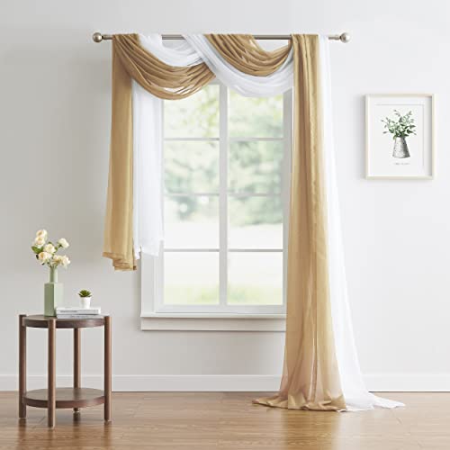 Warm Home Designs Double Window Scarves Bundle. Each White & Caramel Gold Window Scarf Valance is 55