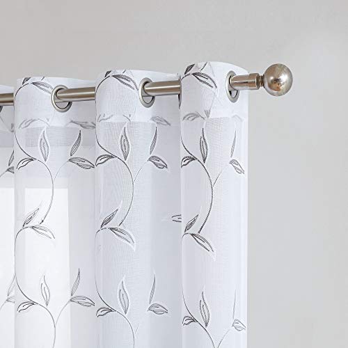 Warm Home Designs 1 Sheer White Faux-Linen Sliding Door Curtain Panel with Rustic Charcoal Color Stitched Leaf Embroidery. Extra Wide Drape is 102