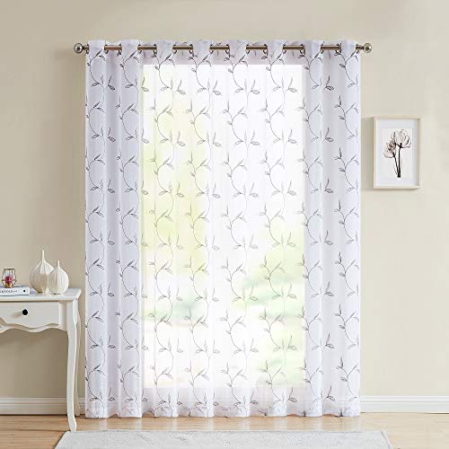 Warm Home Designs 1 Sheer White Faux-Linen Sliding Door Curtain Panel with Rustic Charcoal Color Stitched Leaf Embroidery. Extra Wide Drape is 102