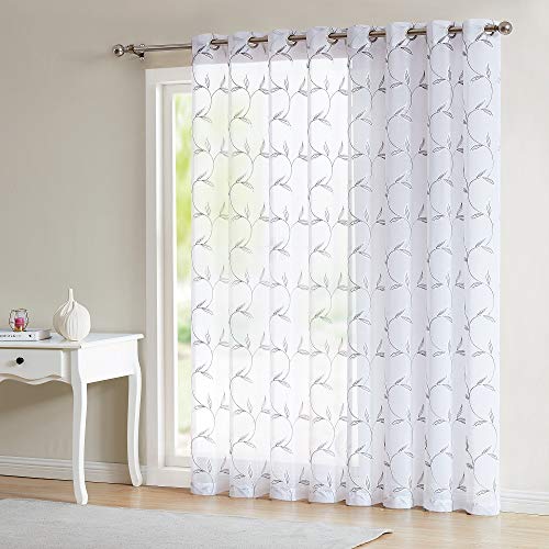 Warm Home Designs 1 Sheer White Faux-Linen Sliding Door Curtain Panel with Rustic Charcoal Color Stitched Leaf Embroidery. Extra Wide Drape is 102