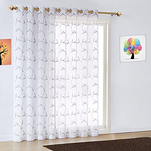 Warm Home Designs 1 Sheer White Faux-Linen Sliding Door Curtain Panel with Rustic Charcoal Color Stitched Leaf Embroidery. Extra Wide Drape is 102