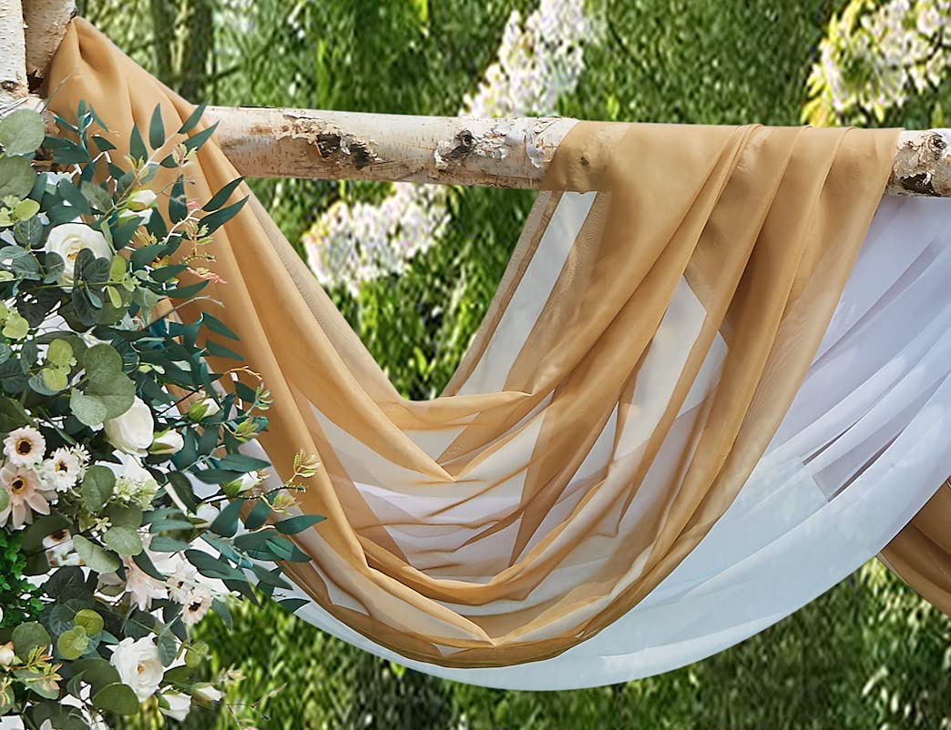 WARM HOME DESIGNS Wedding Arch Draping Fabric Bundle Has 2 216 Inch (18 Feet) Scarves in Caramel Gold & White Fabric for Wedding Fabric, Wedding Ceremony or Wedding Decoration. AD White & Gold 216”