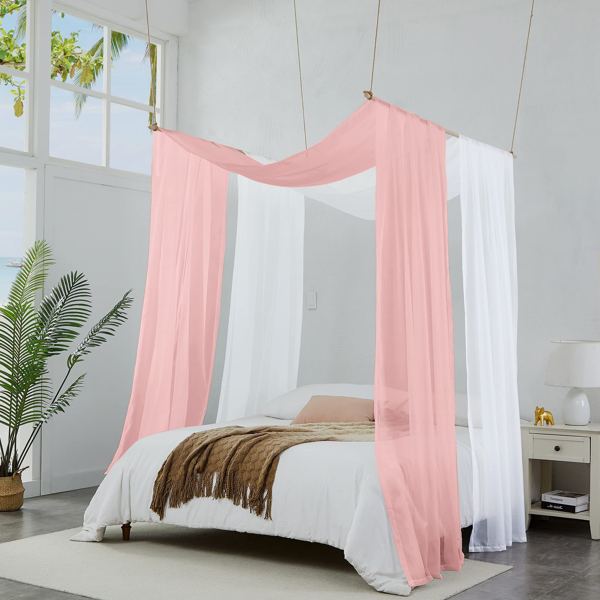 Warm Home Designs Set of 2 White & Dusty Rose Canopy Bed Curtains in 55 x 216 Inch Size. 2 Queen Bed Canopy Curtains Can Be Turned Into Kids Bed Tent or Bed Canopy for Girls. BE White & D Rose 216"