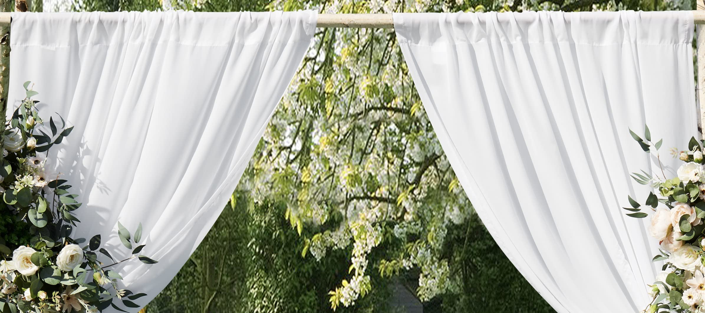 Warm Home Designs 7 Feet Long White Backdrop Curtains. Pair of 52 x 84 Chiffon Backdrop Curtains with 2 Tie-Backs. Perfect as Wedding Backdrop, White Backdrop, or as Chiffon Curtains. WW White 84