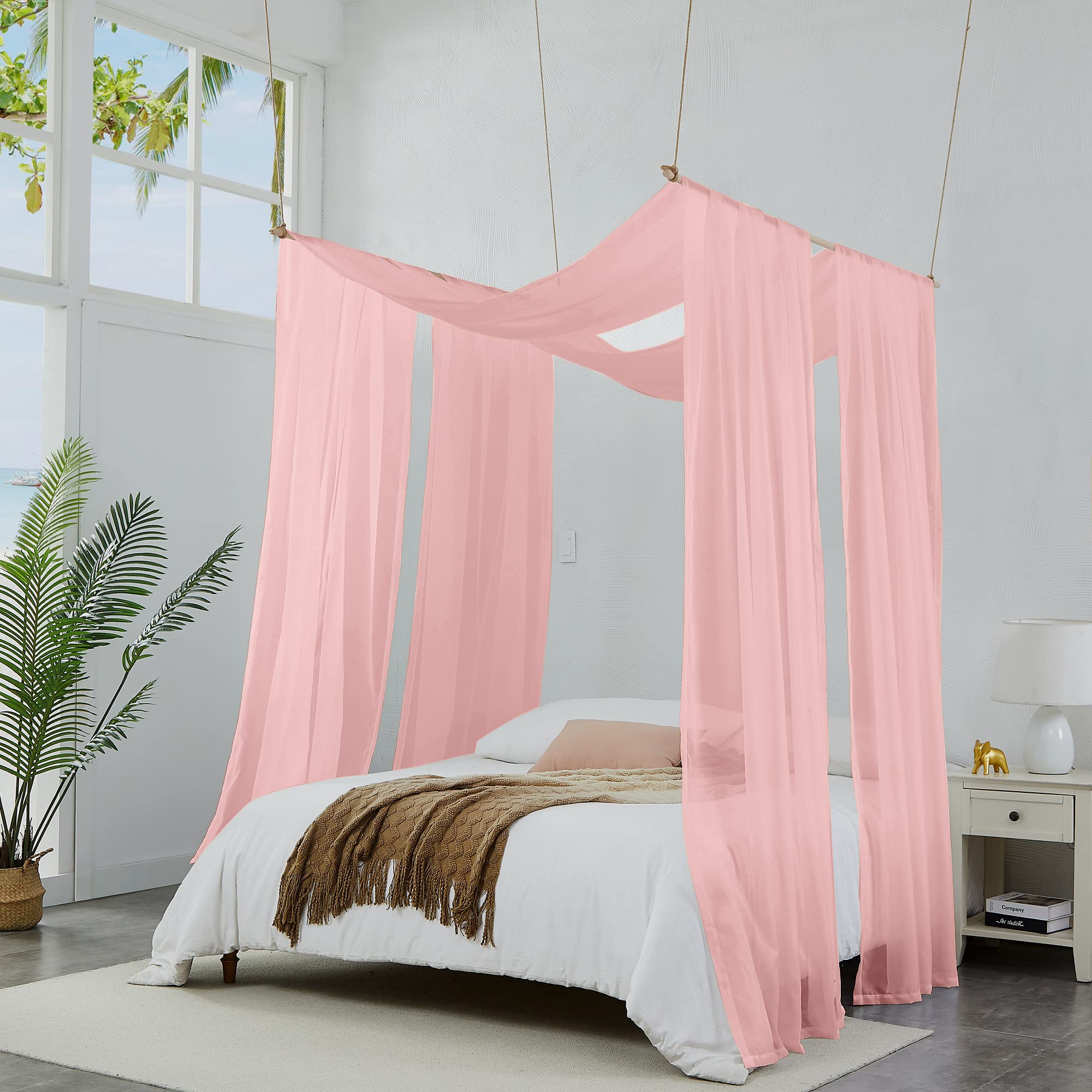 Warm Home Designs Set of 2 White & Dusty Rose Canopy Bed Curtains in 55 x 216 Inch Size. 2 Queen Bed Canopy Curtains Can Be Turned Into Kids Bed Tent or Bed Canopy for Girls. BE White & D Rose 216