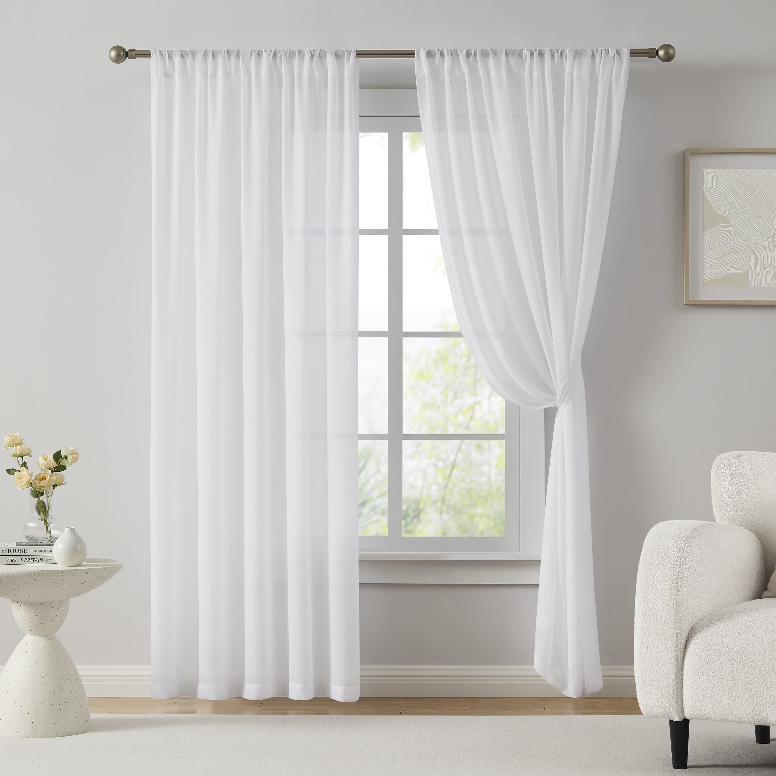 Warm Home Designs 7 Feet Long White Backdrop Curtains. Pair of 52 x 84 Chiffon Backdrop Curtains with 2 Tie-Backs. Perfect as Wedding Backdrop, White Backdrop, or as Chiffon Curtains. WW White 84