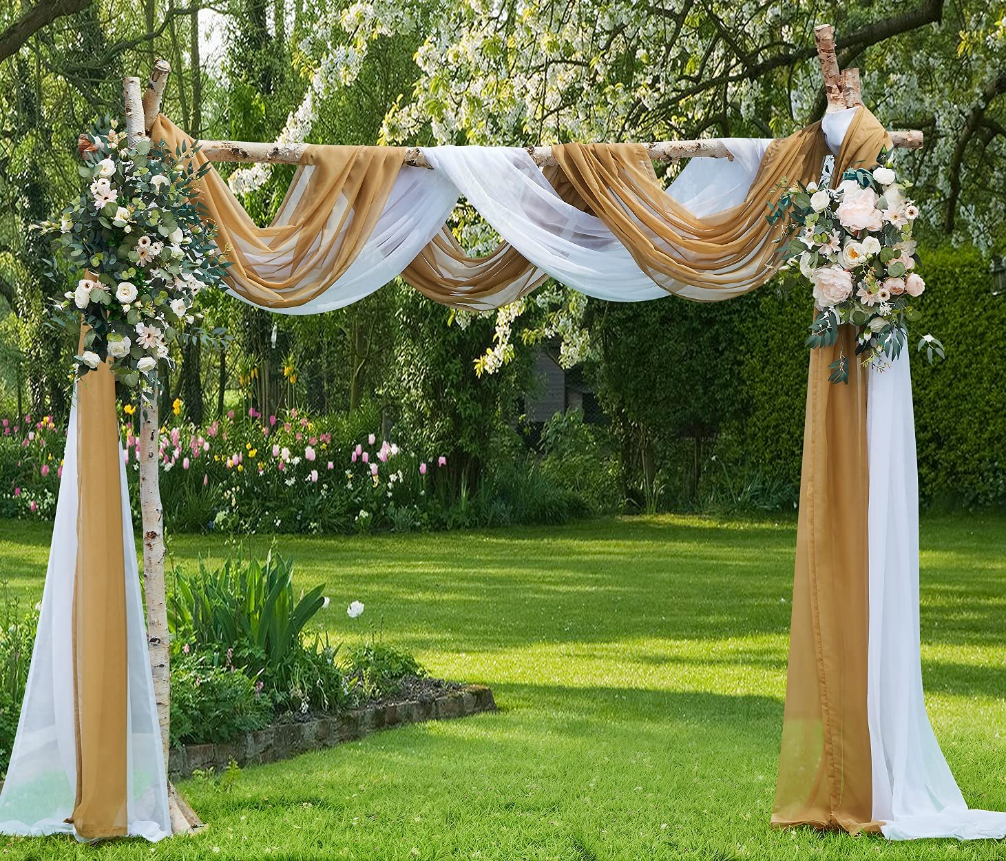 WARM HOME DESIGNS Wedding Arch Draping Fabric Bundle Has 2 216 Inch (18 Feet) Scarves in Caramel Gold & White Fabric for Wedding Fabric, Wedding Ceremony or Wedding Decoration. AD White & Gold 216”