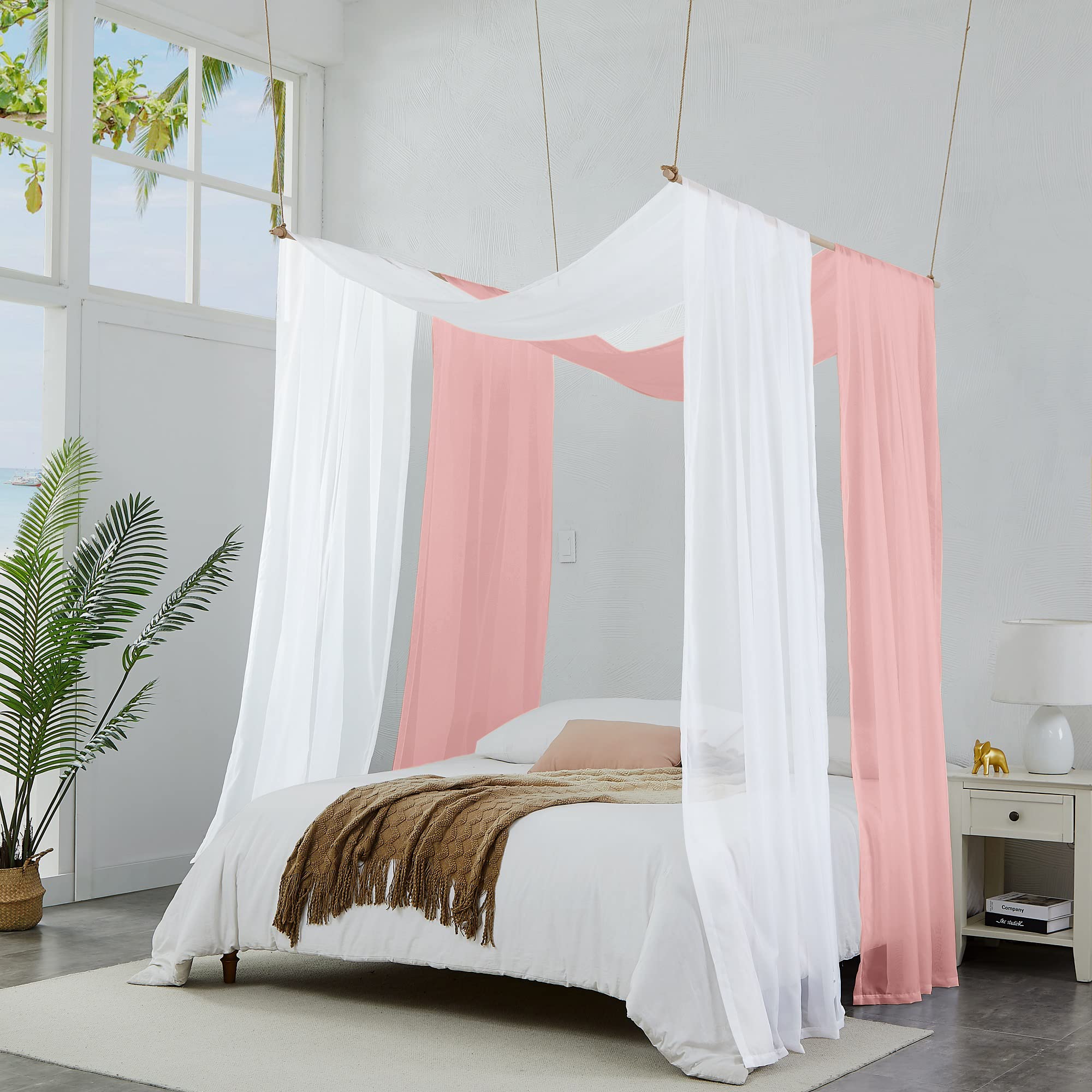 Warm Home Designs Set of 2 White & Dusty Rose Canopy Bed Curtains in 55 x 216 Inch Size. 2 Queen Bed Canopy Curtains Can Be Turned Into Kids Bed Tent or Bed Canopy for Girls. BE White & D Rose 216"